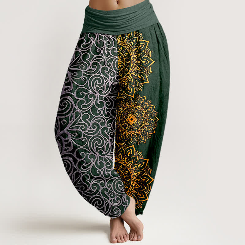 Nimara Ritual Pure Cotton Golden Mandala Floral Pattern Women's Elastic Waist Harem Pants