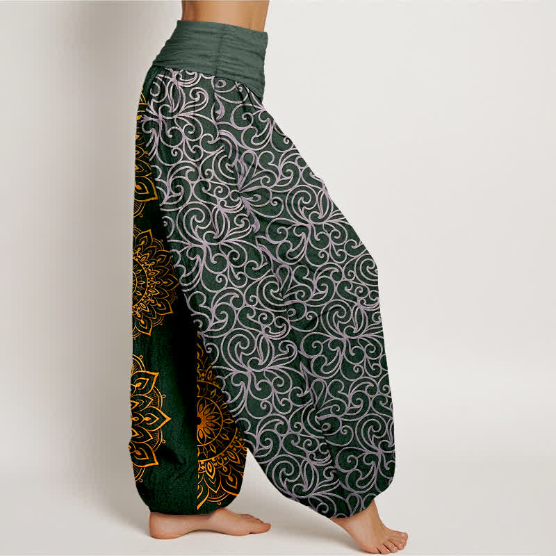 Nimara Ritual Pure Cotton Golden Mandala Floral Pattern Women's Elastic Waist Harem Pants