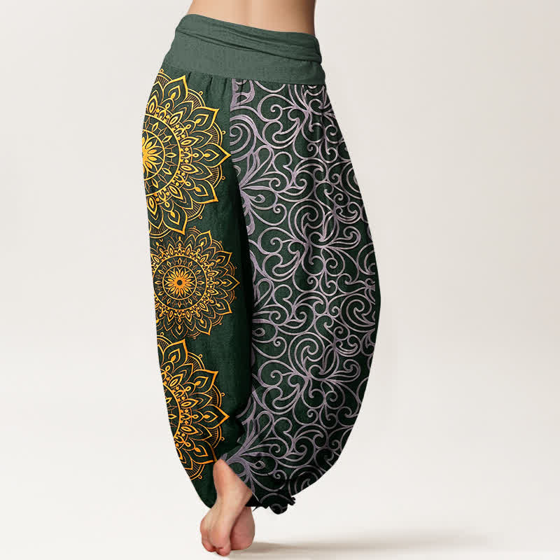 Nimara Ritual Pure Cotton Golden Mandala Floral Pattern Women's Elastic Waist Harem Pants
