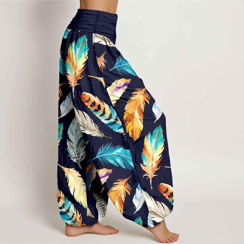 Nimara Ritual Pure Cotton Colorful Feather Pattern Women's Elastic Waist Harem Pants
