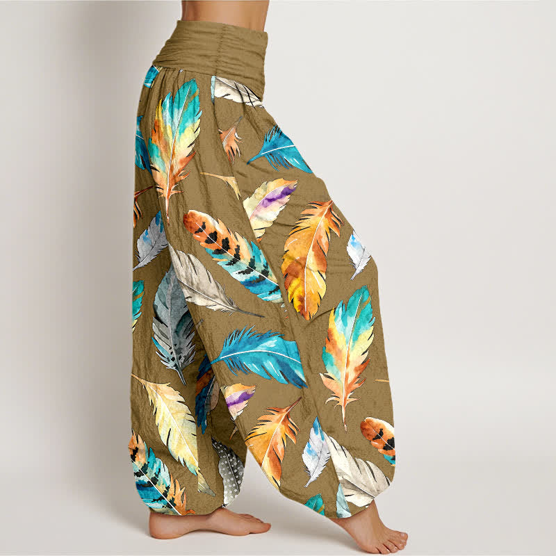 Nimara Ritual Pure Cotton Colorful Feather Pattern Women's Elastic Waist Harem Pants