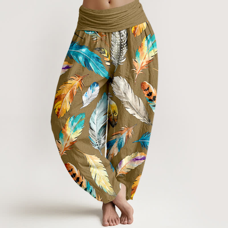 Nimara Ritual Pure Cotton Colorful Feather Pattern Women's Elastic Waist Harem Pants