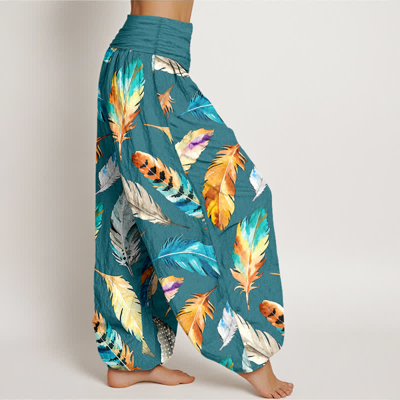 Nimara Ritual Pure Cotton Colorful Feather Pattern Women's Elastic Waist Harem Pants