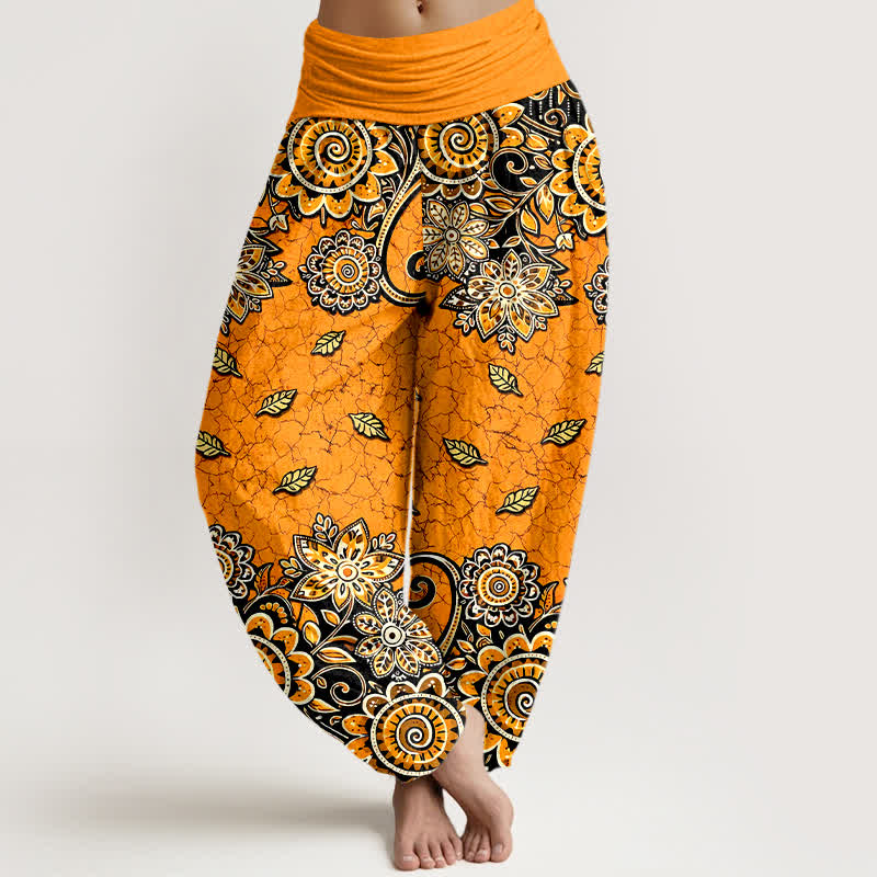 Nimara Ritual Pure Cotton Bold Orange Paisley Mandala Pattern Women's Elastic Waist Harem Pants