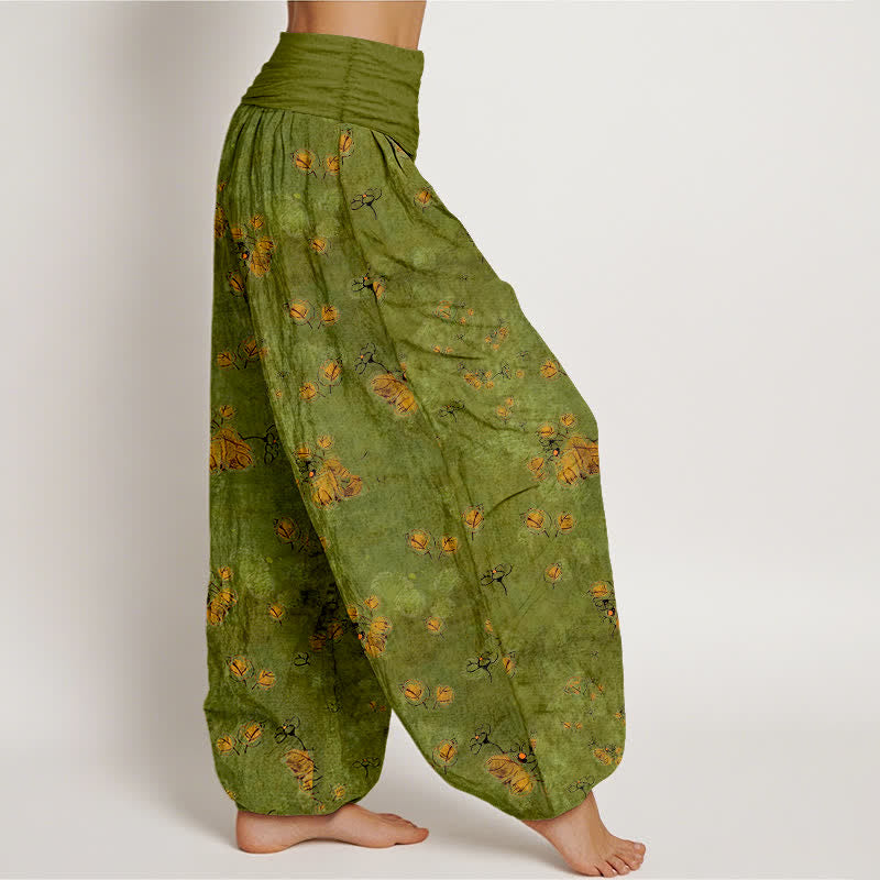 Nimara Ritual Pure Cotton Scattered Marigold Floral Pattern Women's Elastic Waist Harem Pants