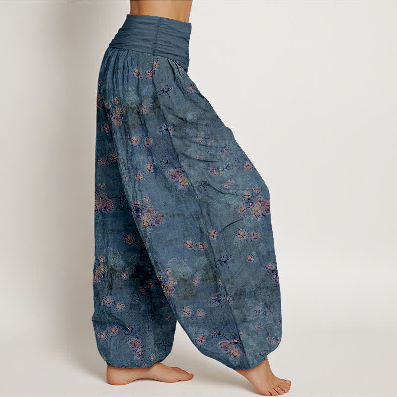 Nimara Ritual Pure Cotton Scattered Marigold Floral Pattern Women's Elastic Waist Harem Pants