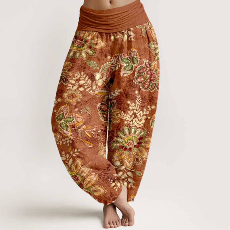 Nimara Ritual Pure Cotton Bohemian Floral Leaf Pattern Women's Elastic Waist Harem Pants