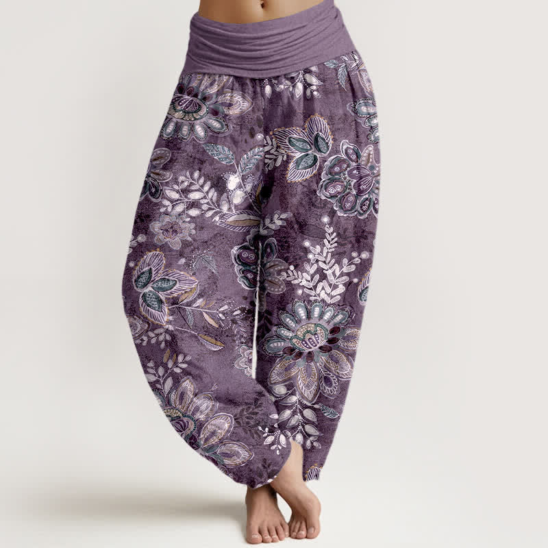 Nimara Ritual Pure Cotton Bohemian Floral Leaf Pattern Women's Elastic Waist Harem Pants