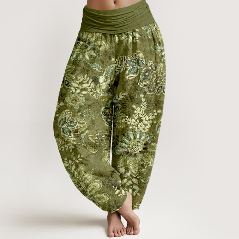Nimara Ritual Pure Cotton Bohemian Floral Leaf Pattern Women's Elastic Waist Harem Pants