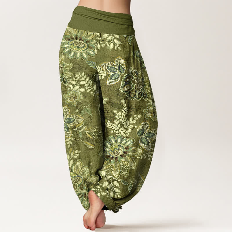 Nimara Ritual Pure Cotton Bohemian Floral Leaf Pattern Women's Elastic Waist Harem Pants