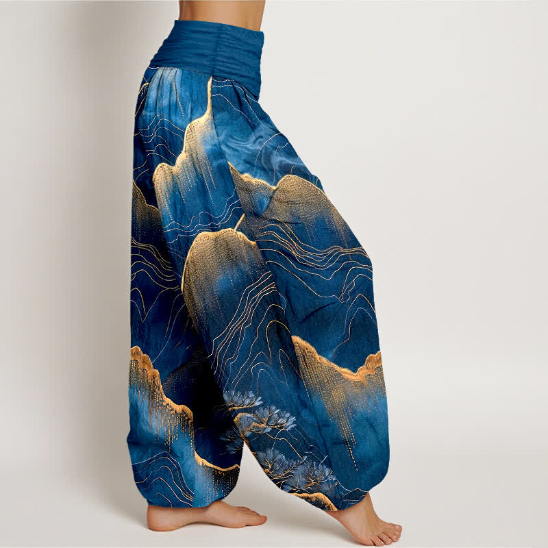 Nimara Ritual Pure Cotton Midnight Mountain Gold Line Pattern Women's Elastic Waist Harem Pants