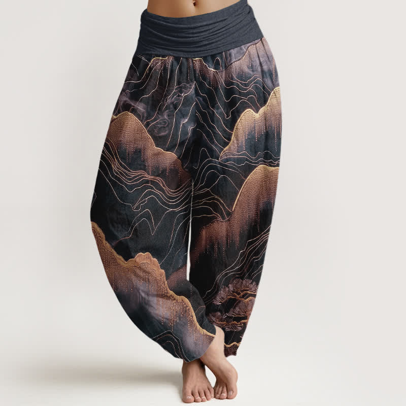 Nimara Ritual Pure Cotton Midnight Mountain Gold Line Pattern Women's Elastic Waist Harem Pants