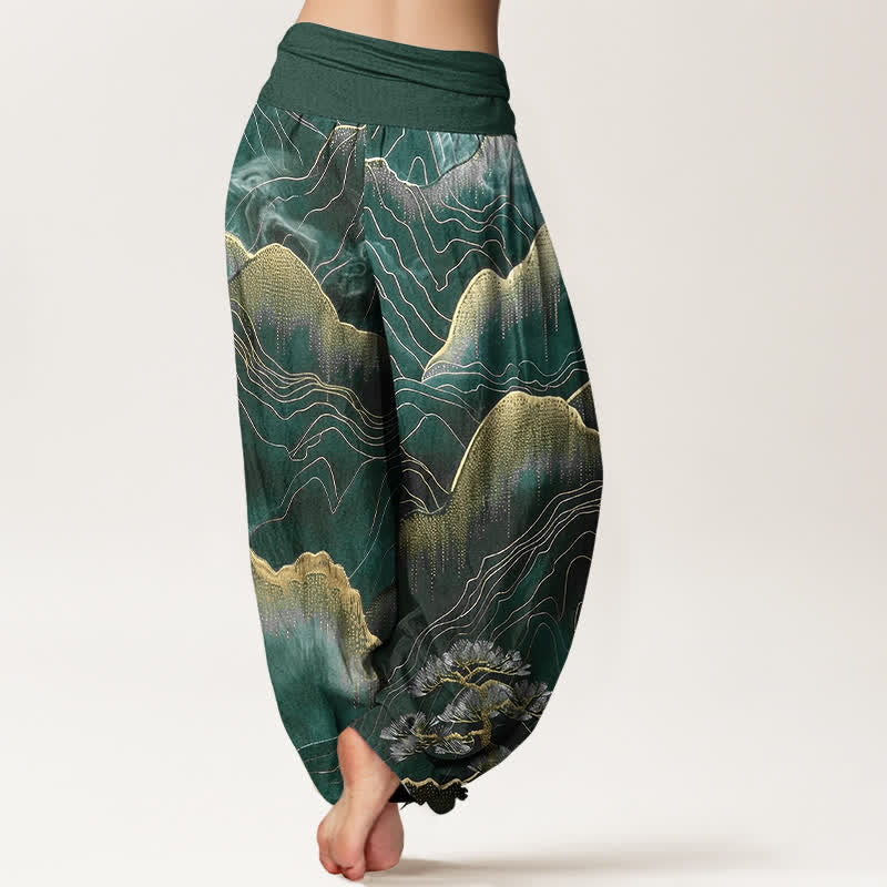 Nimara Ritual Pure Cotton Midnight Mountain Gold Line Pattern Women's Elastic Waist Harem Pants