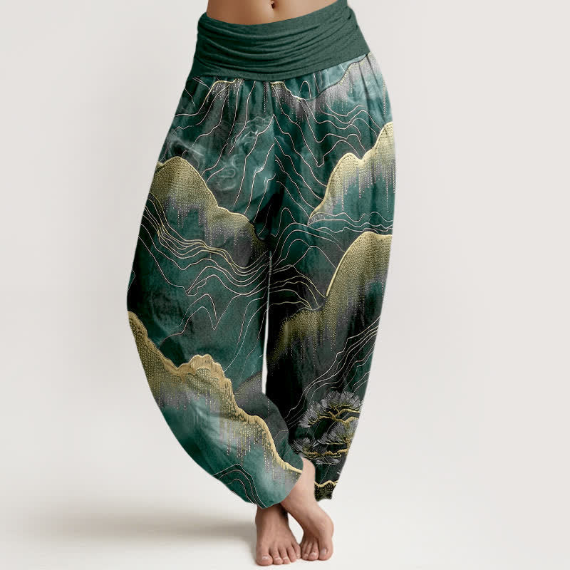 Nimara Ritual Pure Cotton Midnight Mountain Gold Line Pattern Women's Elastic Waist Harem Pants