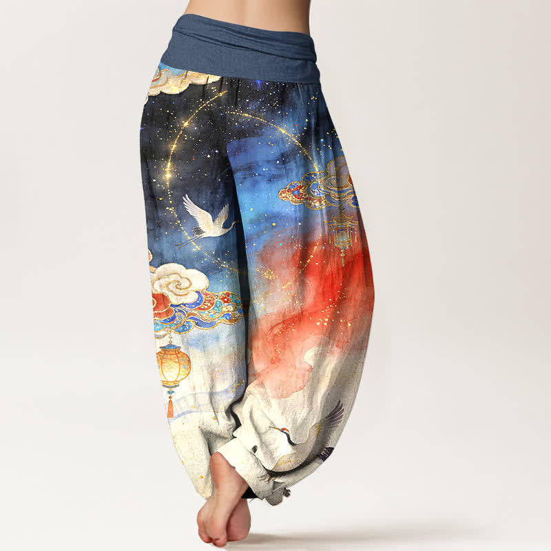 Nimara Ritual Pure Cotton Crane Cloud Lantern Night Sky Pattern Women's Elastic Waist Harem Pants