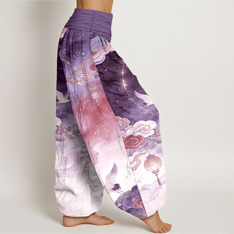 Nimara Ritual Pure Cotton Crane Cloud Lantern Night Sky Pattern Women's Elastic Waist Harem Pants