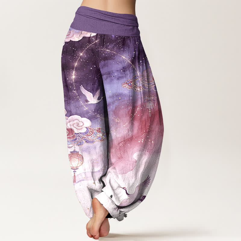 Nimara Ritual Pure Cotton Crane Cloud Lantern Night Sky Pattern Women's Elastic Waist Harem Pants