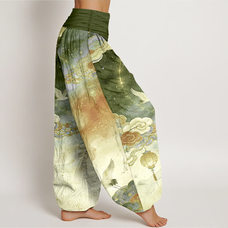 Nimara Ritual Pure Cotton Crane Cloud Lantern Night Sky Pattern Women's Elastic Waist Harem Pants