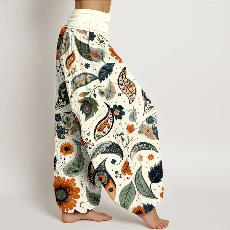 Nimara Ritual Pure Cotton Bohemian Paisley Sunflower Pattern Women's Elastic Waist Harem Pants