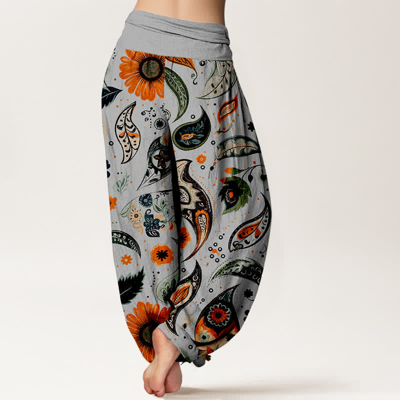 Nimara Ritual Pure Cotton Bohemian Paisley Sunflower Pattern Women's Elastic Waist Harem Pants