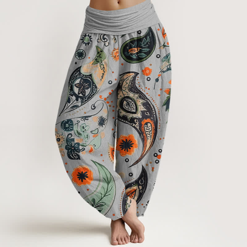 Nimara Ritual Pure Cotton Bohemian Paisley Sunflower Pattern Women's Elastic Waist Harem Pants