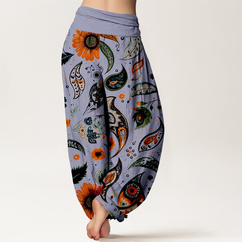Nimara Ritual Pure Cotton Bohemian Paisley Sunflower Pattern Women's Elastic Waist Harem Pants
