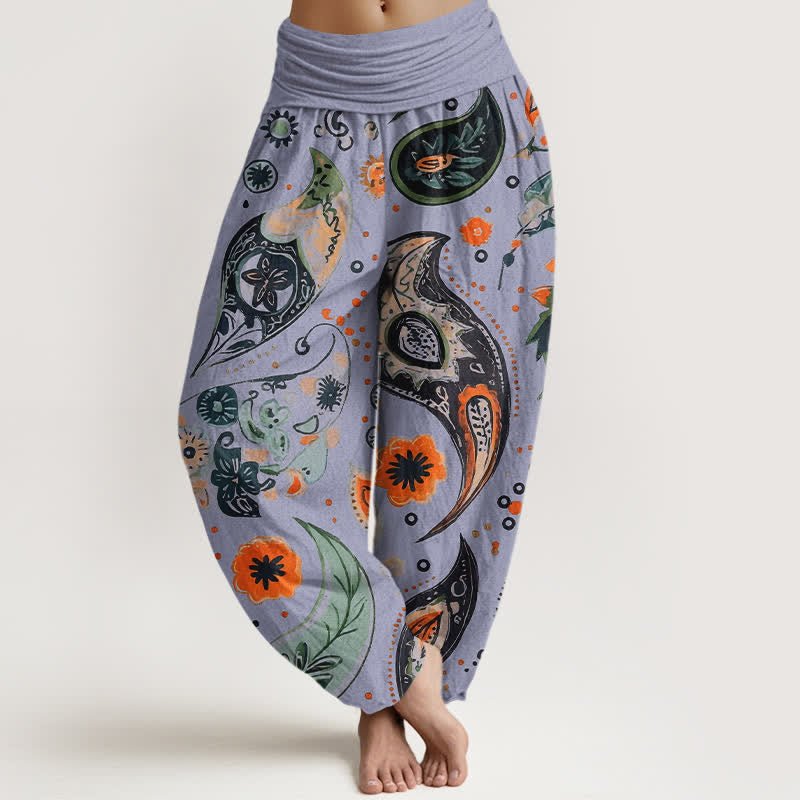 Nimara Ritual Pure Cotton Bohemian Paisley Sunflower Pattern Women's Elastic Waist Harem Pants