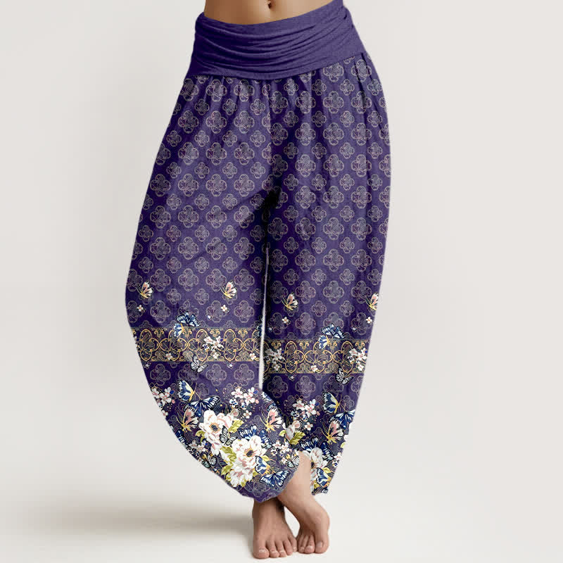 Nimara Ritual Pure Cotton Bohemian Floral Border Pattern Women's Elastic Waist Harem Pants