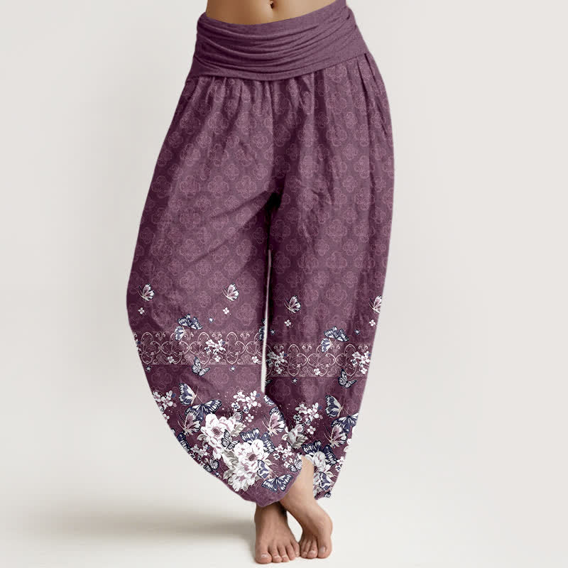 Nimara Ritual Pure Cotton Bohemian Floral Border Pattern Women's Elastic Waist Harem Pants