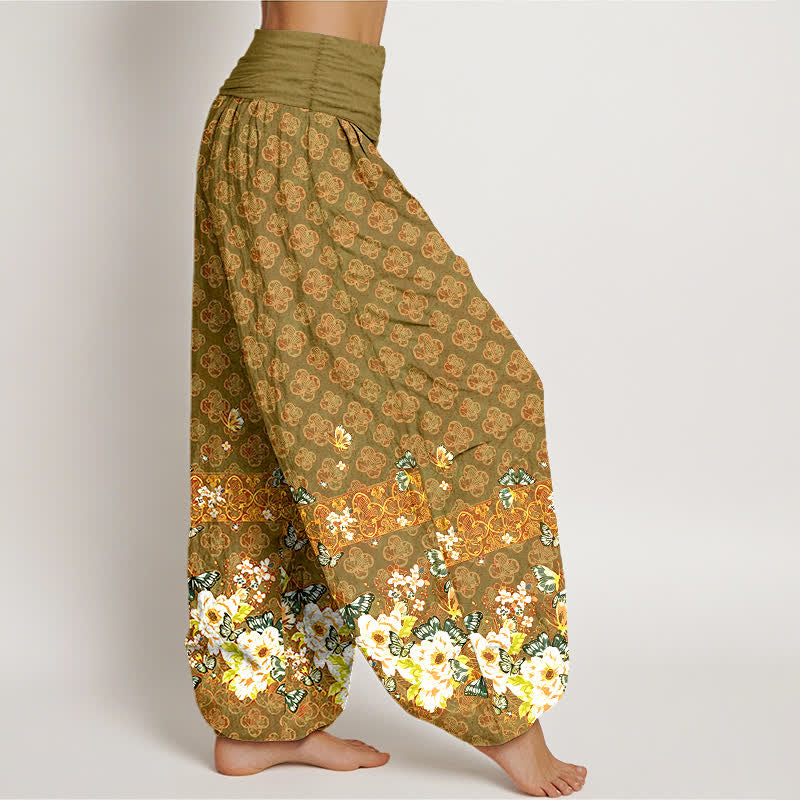 Nimara Ritual Pure Cotton Bohemian Floral Border Pattern Women's Elastic Waist Harem Pants