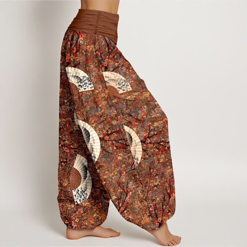 Nimara Ritual Cotton Soft Drapey Ivory Fan Pattern Women's Elastic Waist Harem Pants