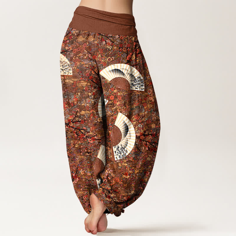 Nimara Ritual Cotton Soft Drapey Ivory Fan Pattern Women's Elastic Waist Harem Pants