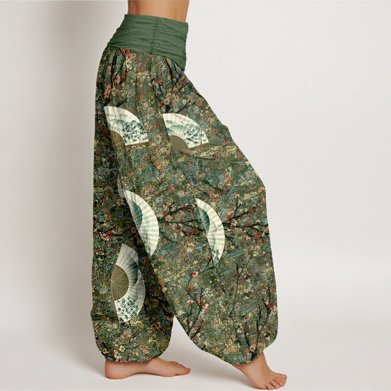 Nimara Ritual Cotton Soft Drapey Ivory Fan Pattern Women's Elastic Waist Harem Pants