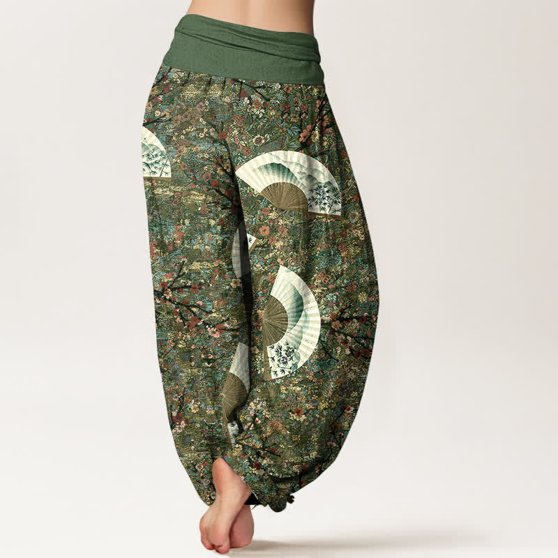 Nimara Ritual Cotton Soft Drapey Ivory Fan Pattern Women's Elastic Waist Harem Pants