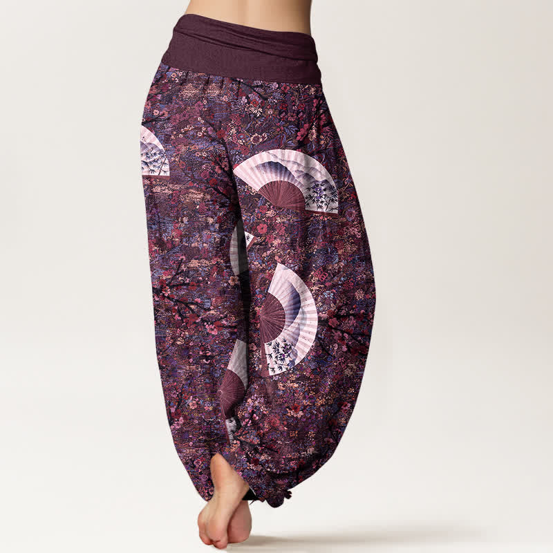 Nimara Ritual Cotton Soft Drapey Ivory Fan Pattern Women's Elastic Waist Harem Pants