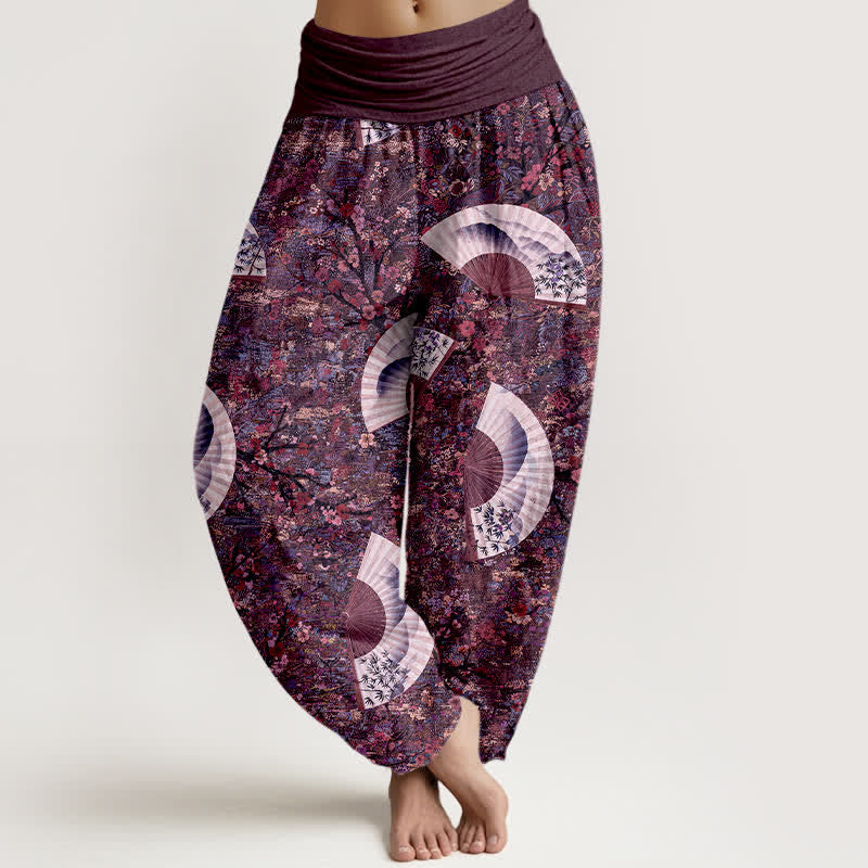 Nimara Ritual Cotton Soft Drapey Ivory Fan Pattern Women's Elastic Waist Harem Pants