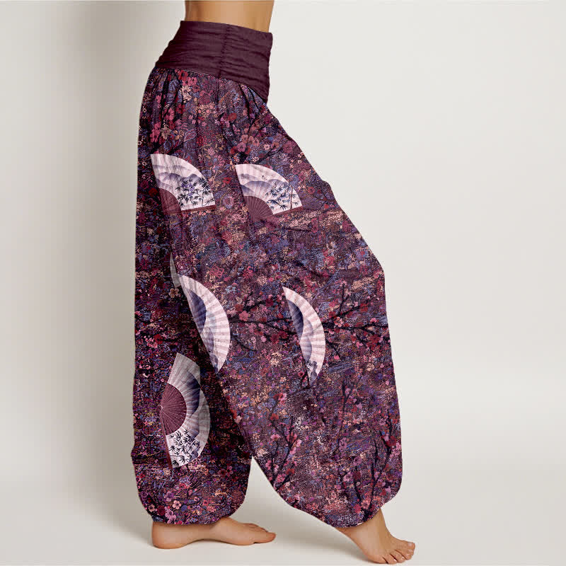 Nimara Ritual Cotton Soft Drapey Ivory Fan Pattern Women's Elastic Waist Harem Pants
