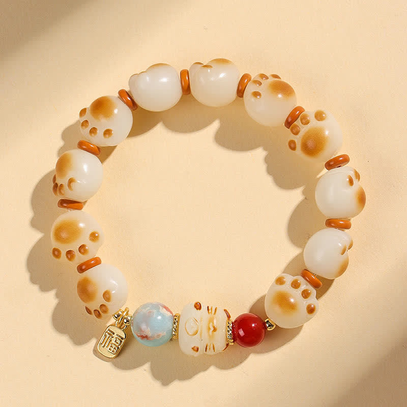 Nimara Ritual Natural Bodhi Seed Fu Character Cat Paw Design Luck Bracelet