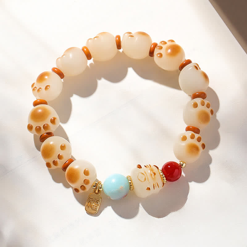 Nimara Ritual Natural Bodhi Seed Fu Character Cat Paw Design Luck Bracelet