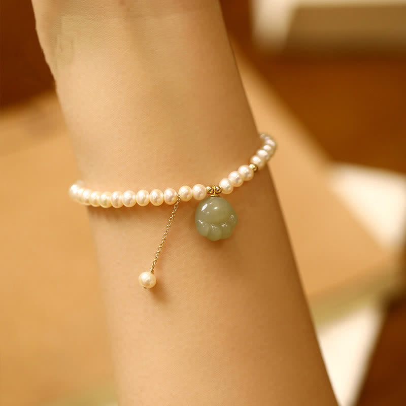 Nimara Ritual Natural Hetian Jade Cat Paw Design Pearl Luck Bracelet