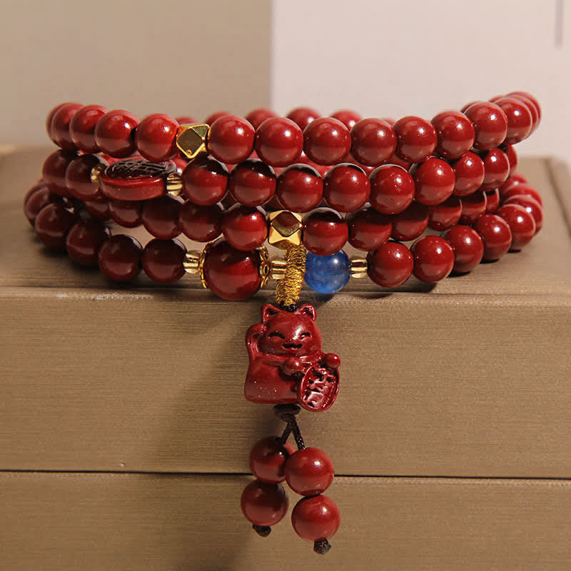 Nimara Ritual Tibetan 108 Beads Cinnabar Lucky Cat Fu Character Fortune Mala