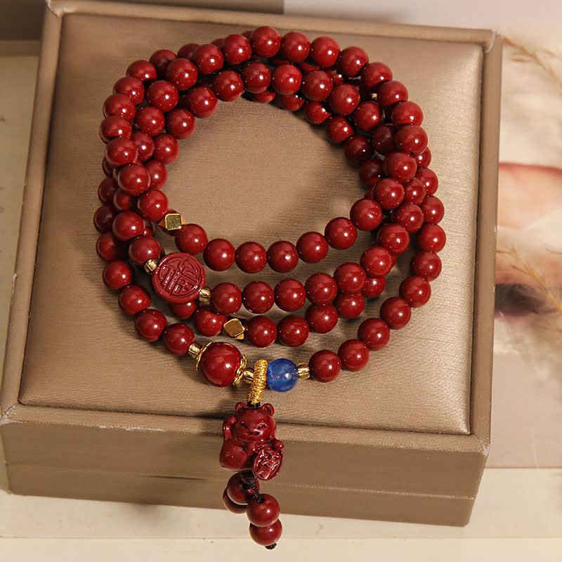 Nimara Ritual Tibetan 108 Beads Cinnabar Lucky Cat Fu Character Fortune Mala