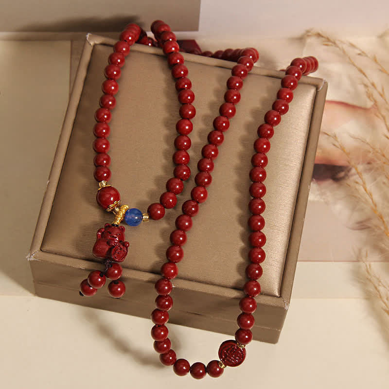 Nimara Ritual Tibetan 108 Beads Cinnabar Lucky Cat Fu Character Fortune Mala