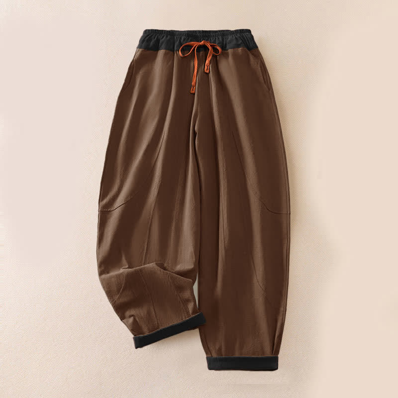 Nimara Ritual Color Contrast Corduroy Cotton Women's Thermal Fleece-Lined Harem Pants With Pockets