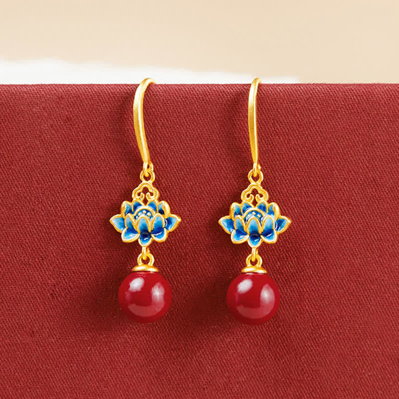 Nimara Ritual Cinnabar 925 Sterling Silver Enamel Lotus Drop Earrings
