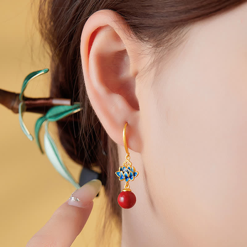 Nimara Ritual Cinnabar 925 Sterling Silver Enamel Lotus Drop Earrings