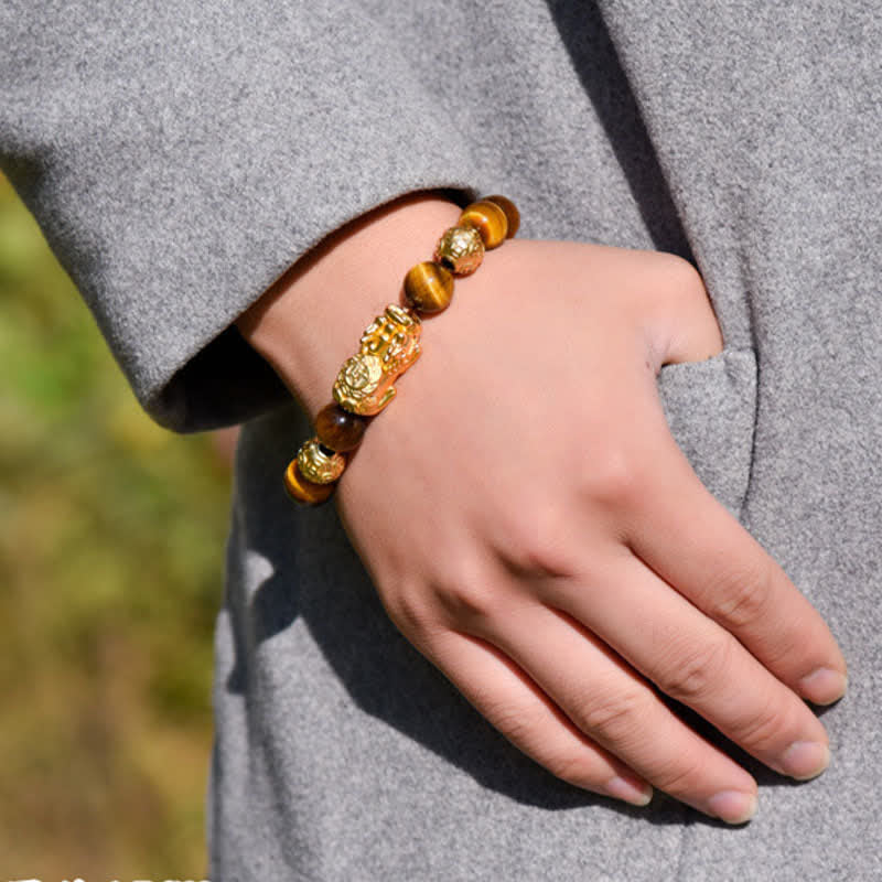 Nimara Ritual Natural Tiger Eye Pixiu Fu Character Om Mani Padme Hum Bead Courage Bracelet