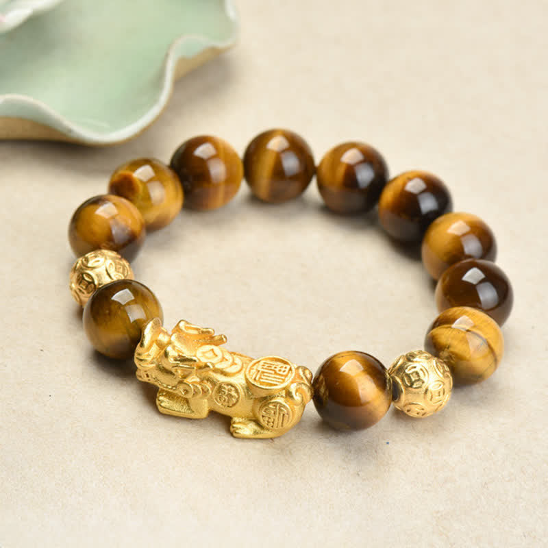 Nimara Ritual Natural Tiger Eye Pixiu Fu Character Om Mani Padme Hum Bead Courage Bracelet