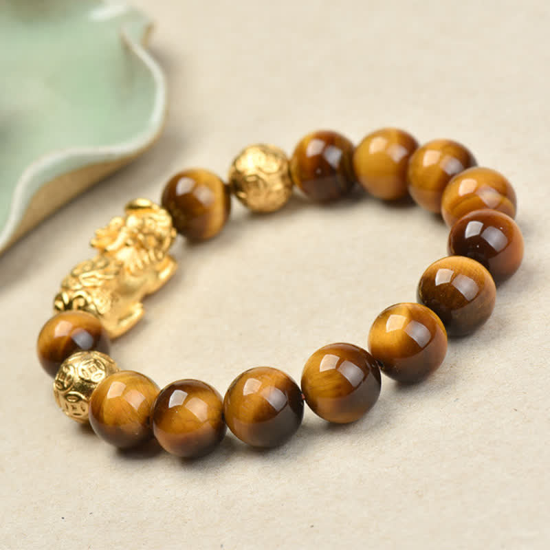 Nimara Ritual Natural Tiger Eye Pixiu Fu Character Om Mani Padme Hum Bead Courage Bracelet