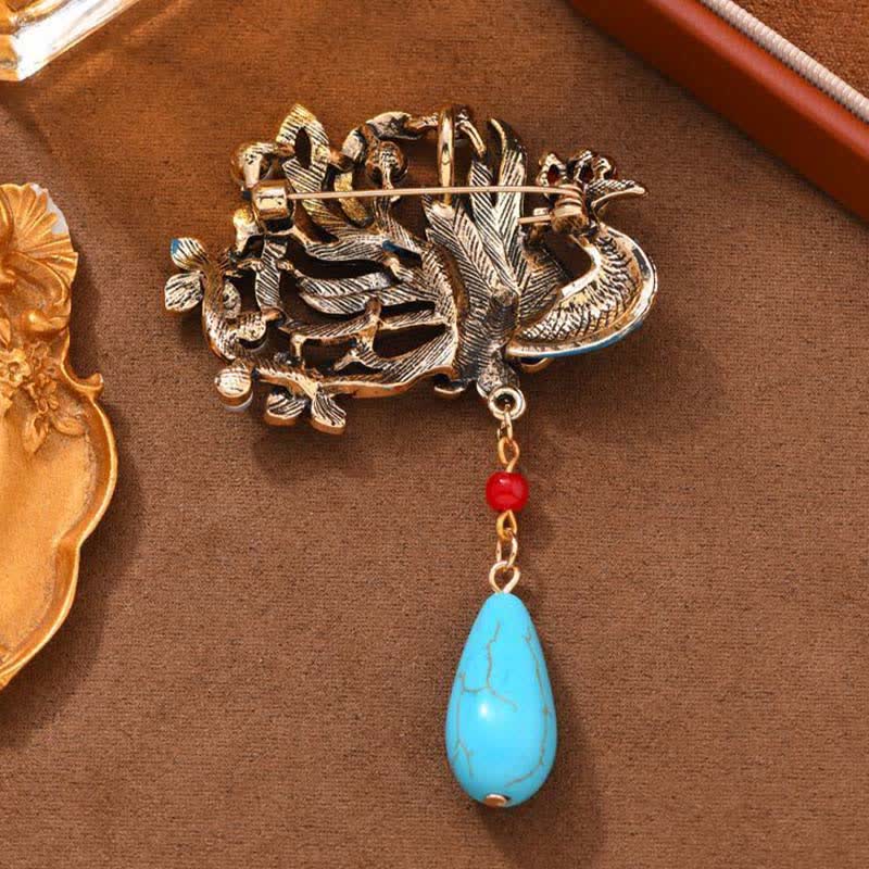 Protection and Strength Blue Phoenix Flower Pearl Turquoise Brooch